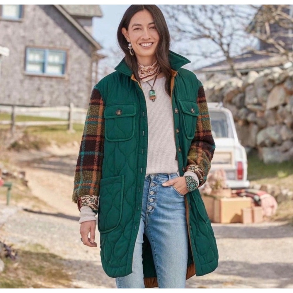 Sundance Wensley Quilted Long Line Coat Flannel Shacket Wool Blend Green Size LP